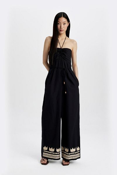 DeFacto Trägerloser, langer Popeline-Jumpsuit mit weitem Bein - B9453AX24SM
