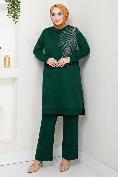 ModaMerve Stone Patterned Hijab Suit 6040Uz1029-M Emerald