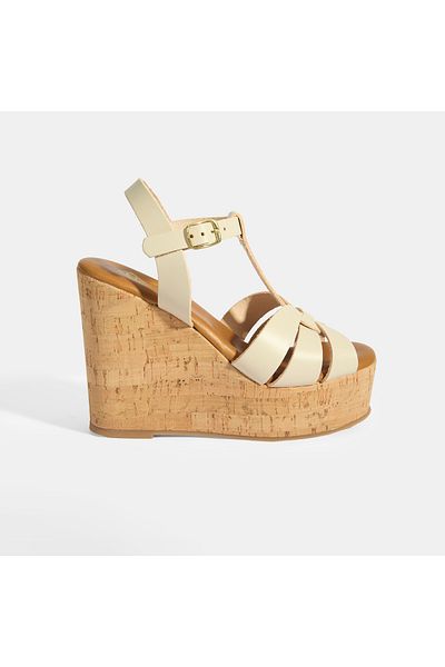 Desa Women's White Buckle Accessory T-Band Leather Wedge Heeled Sandals