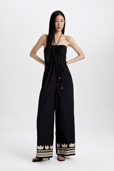 DeFacto Trägerloser, langer Popeline-Jumpsuit mit weitem Bein - B9453AX24SM