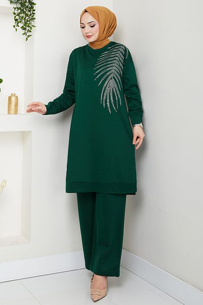 ModaMerve Stone Patterned Hijab Suit 6040Uz1029-M Emerald