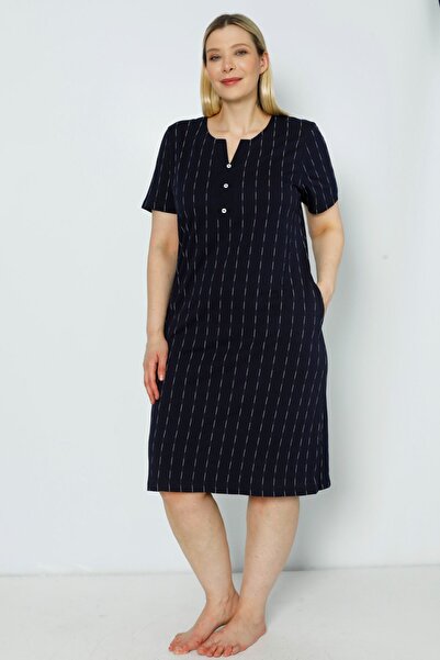 İntensive kadın kısa kollu çizgi desenli düğmeli büyük beden pamuklu elbise