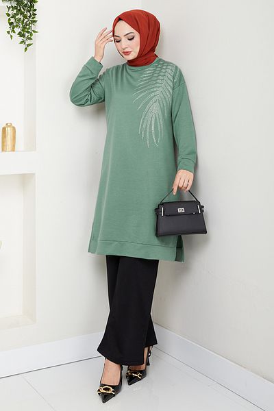 ModaMerve Stone Patterned Hijab Suit 6040Uz1029-M Mint&Black