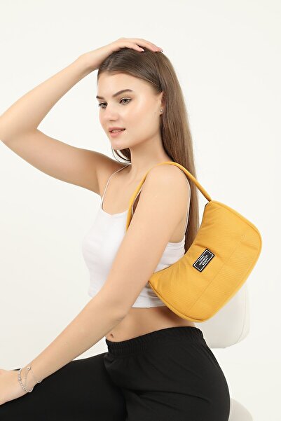 SHAKA Mustard U11 Single Zipper Compartment Daily Sports Baguette Canvas Fabric Women's Hand and Shoulder Bag B:16 E: 26