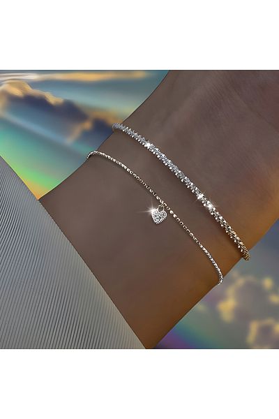 Choice 2pcs heart 1-6pcs Shiny Silver Plated Copper Heart Rhinestone Chain Bracelets Set for Women Teen Y2K