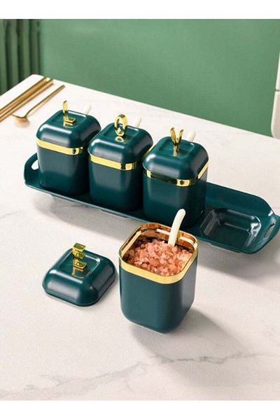COOYA 4-Piece Acrylic Spice Pots Set, With Seal Lid and Spoon, Label Gifts, for Kitchen Storage, Green