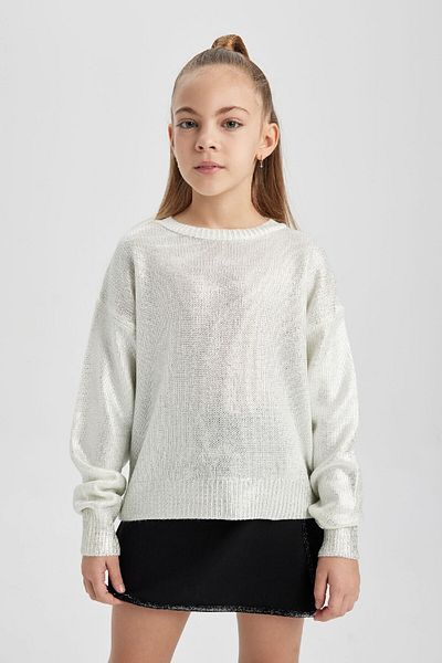 DeFacto Dziewczęcy sweter z dzianiny z okrągłym dekoltem B8414A823Wn