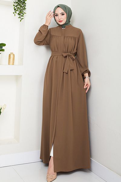 ModaMerve Belted Hijab Ferace 1004Esl1097-M Tan
