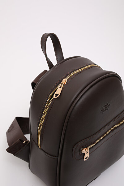 SHAKA Brown Color Shk200 Faux Leather 2 Compartment Zippered Written Column Strap Backpack