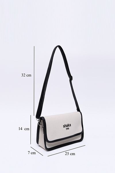 SHAKA Cream-Black Shk143 Canvas Fabric, Single Compartment, Snap Fastener, Faux Leather Strap, Arm and Shoulder Bag
