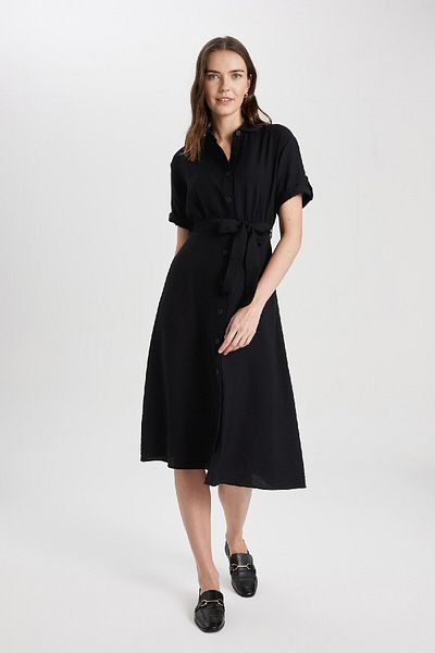 DeFacto Shirt Collar Linen Look Belted Short Sleeve Midi Dress U6943AZ24SM