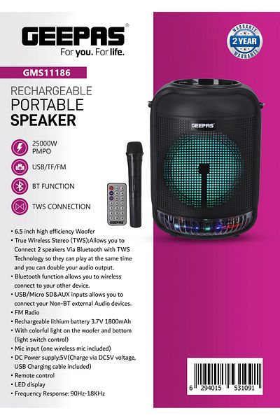 Geepas Rechargeable Portable Speaker 1800 MAH Battery | TWS Connection BT/ USB/ AUX/ FM/ Micro SD| GMS11186