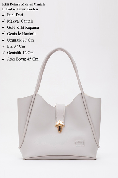 SHAKA Gray Shk126 Faux Leather Lock Detailed Makeup Bag Hand, Arm and Shoulder Bag