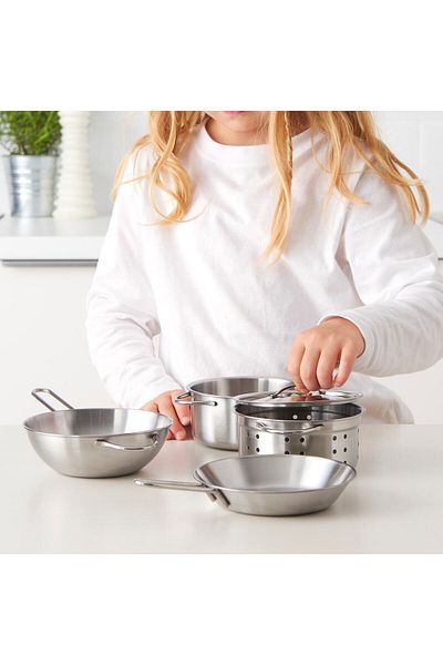 IKEA DUKTIG 5-piece toy cookware set, stainless steel colour