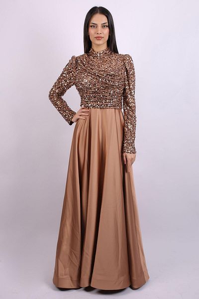 SpringStore Copper Sequin Sequin Satin Hijab Evening Dress