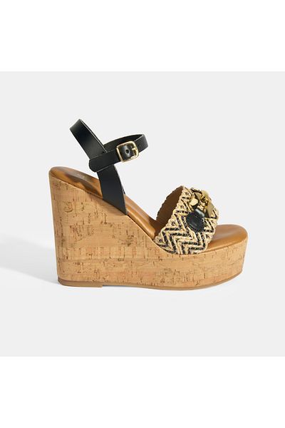 Desa Women's Black Buckle Accessory Leather Detailed Wedge Heeled Sandals