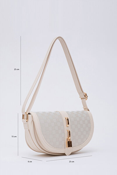 SHAKA Square Patterned Cream Shk92 Lock Detailed Faux Leather Single Compartment Hand, Arm and Shoulder Bag with Snap Fasteners L:15 E: