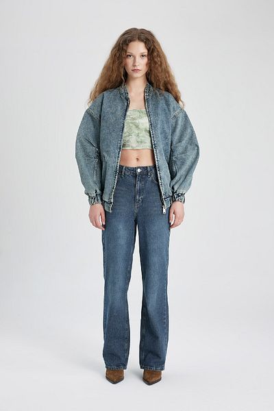 DeFacto Jachetă bomber de jeans cu potrivire largă supradimensionată, cu rever, cu fermoar, buzunar dublu C1508ax24sm