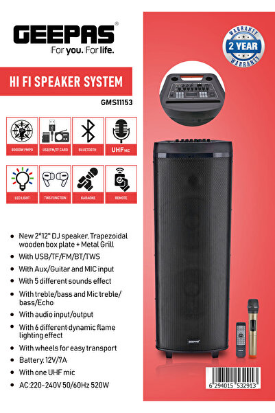 Geepas مكبر صوت هاي فاي مع ميكروفون UHF وجهاز تحكم | USB وبلوتوث | GMS11153 | وظائف TF وFM وTWS | يتضمن Aux