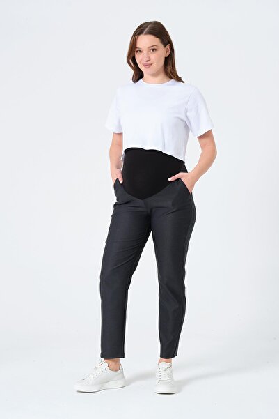 BUSA Maternity Stretchy Tummy Banded Waist Adjustable Mom Fit Classic Gabardine Trousers Black Melanj