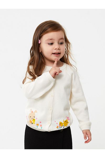 LC Waikiki Crew Neck Long Sleeve Embroidery Detailed Baby Girl Knitwear Cardigan