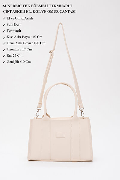 SHAKA Shk83 Cream Faux Leather Zippered Double Strap Hand and Shoulder Bag - L:17 W:27 W:10