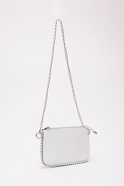 SHAKA White Shk125 Faux Leather Bead Detailed Zippered Single Compartment Chain Strap Shoulder Bag E:23 B:14 cm