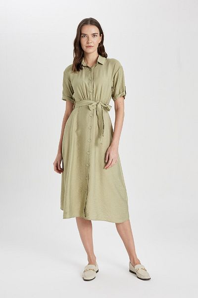 DeFacto Shirt Collar Linen Look Belted Short Sleeve Midi Dress U6943az24sm