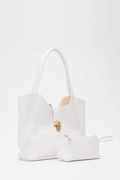 SHAKA Shk126 Model White Artificial Leather - Lock Detailed Makeup Bag, Hand and Shoulder Bag, L:27 E:37 W:12 cm