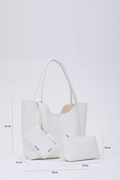 SHAKA Λευκή Shk108 Γυναικεία τσάντα χεριού και ώμου με πορτοφόλι από συνθετικό δέρμα και τσάντα μακιγιάζ