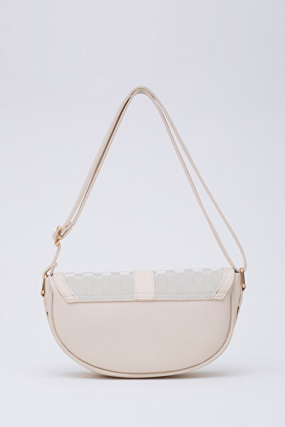 SHAKA Square Patterned Cream Shk92 Lock Detailed Faux Leather Single Compartment Hand, Arm and Shoulder Bag with Snap Fasteners L:15 E: