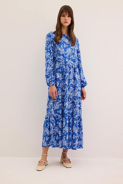 DeFacto Gemustertes Langarm-Maxikleid mit Rundhalsausschnitt A2354ax24sp