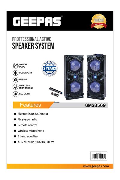 Geepas Professional Active Speaker System Bluetooth Speaker Wireless Microphones| LED Lights USB |GMS8569