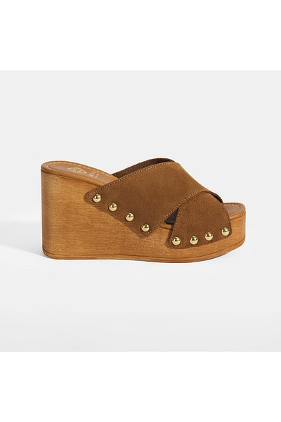 Desa Women's Tan Staple Detailed Suede Wedge Heeled Slippers