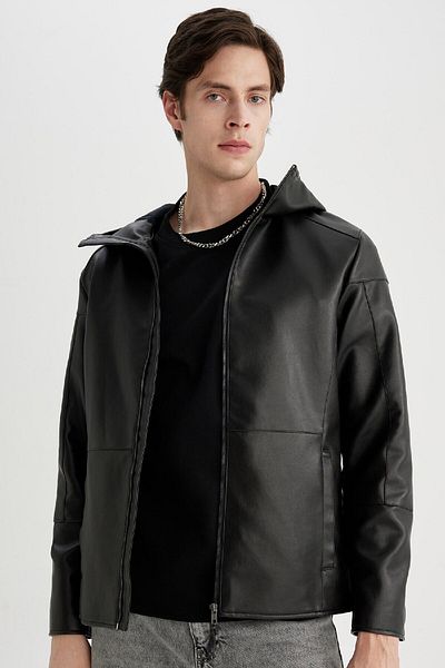 DeFacto Faux Leather Slim Fit Jacket Coat - Hood, Zip Pocket, Seasonal C1757Ax24Sp