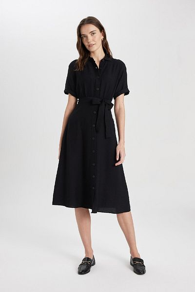 DeFacto Shirt Collar Linen Look Belted Short Sleeve Midi Dress U6943AZ24SM