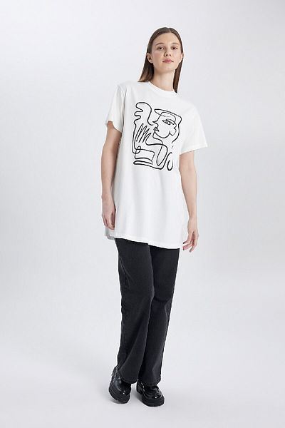 DeFacto Crew Neck Printed Regular Fit T-Shirt Tunic - C0408ax24sp