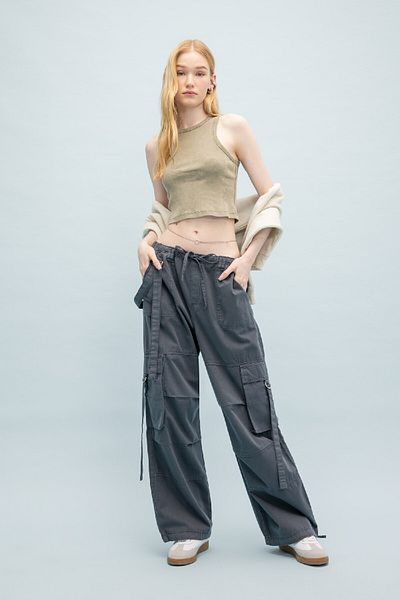 DeFacto Wide Leg Gabardine Trousers - Straight Lace-Up, Regular Waist, Cargo Pocket B1205Ax24Sp