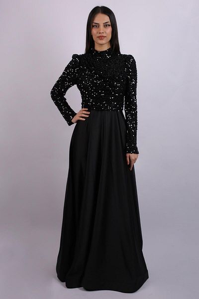 SpringStore Rochie de seară hijab din satin cu paiete negre