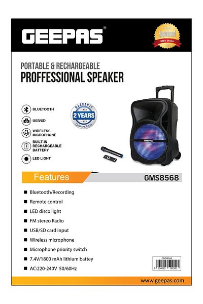 Geepas Portable & Rechargeable Proffessional Speaker- Wireless Microphones, 1800mAh Battery|GMS8568
