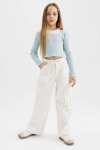 DeFacto Dívčí tričko Slim Fit Slim Fit Crew Výstřih Žebrovaná košilka s dlouhým rukávem B7388A824Sp