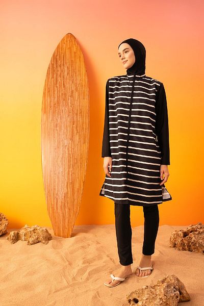 DeFacto Gestreifter 3-teiliger Burkini-Moslem-Badeanzug mit normaler Passform B5226ax24sm