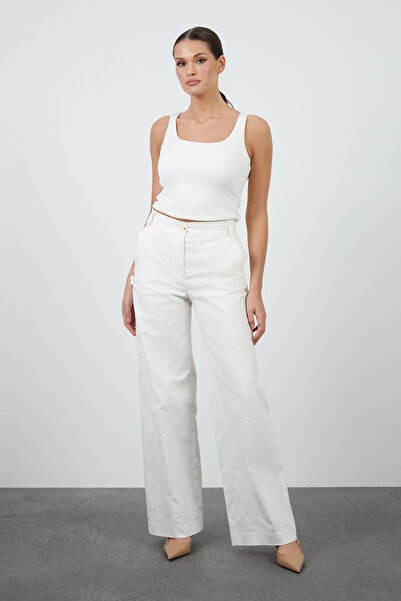 GİZİA Yüksel Bel Bol Paça Ekru Pantolon