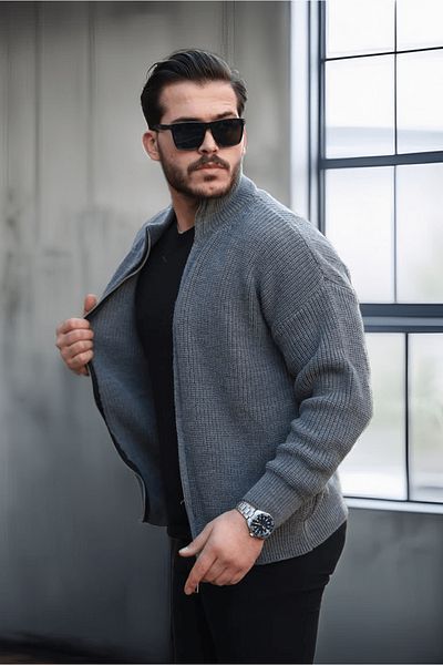 Valiberta Men's Knitted Zippered Oversize Cardigan - Smoked