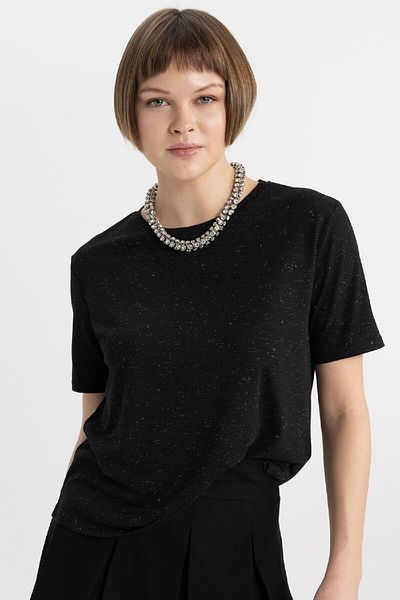 DeFacto Relax Fit Crew Neck Glitter Fabric Short Sleeve Black T-Shirt C1662Ax24Sp