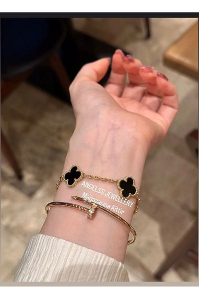 ANGELSS JEWELLERY Double Combination Clover Brand Model Black Gold Bracelet Brand Handcuff Bracelet Set (Set of 2