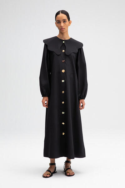 Touché Privé Φόρεμα Ποπλίνας με Φαρδύ Γιακά Αφής - Μαύρο