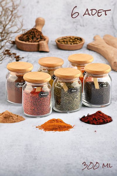 Serin Bardak 6 Pieces Vacuum Lid Lux Bamboo Lid Glass Spice Bowl with Spoon and Label Gift