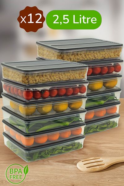Ayshe Home Concept 12-Piece Storage Container, Microwave Compatible Food Storage Container White-Anthracite 12 X 2500 ml