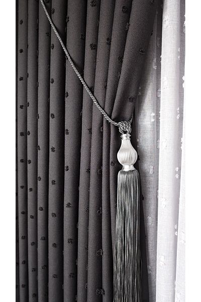 Yuka Pompom Linen Textured Curtain - Anthracite Panel Background - Luxury Heavy Weight - Single Wing